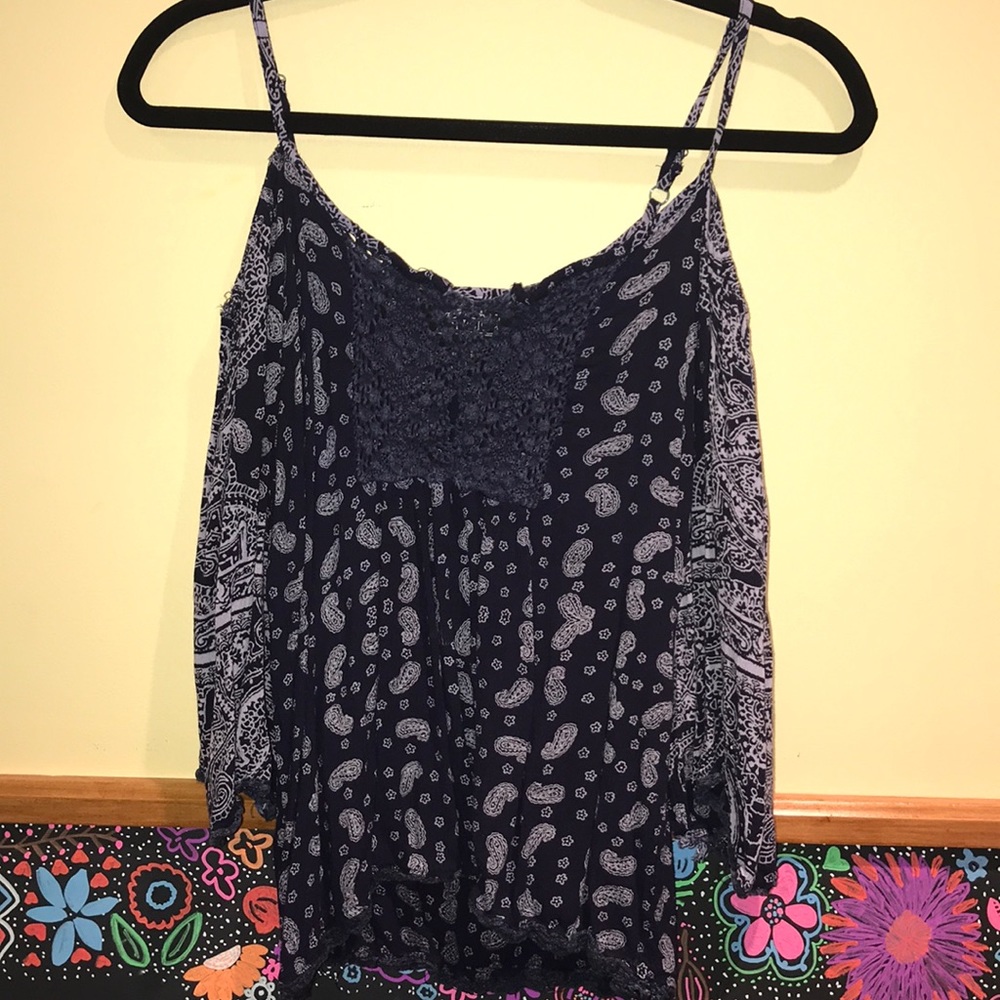 BLUE PATTERNED OFF-SHOULDER SHIRT